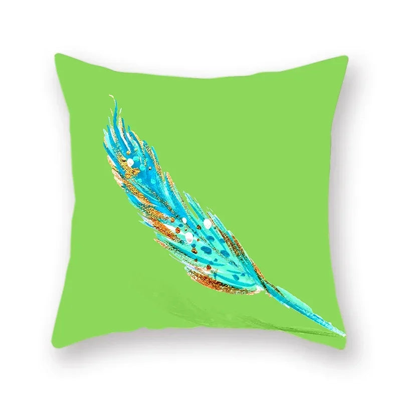 Axyaa Avocado Green Feather Print Pillow Cover 45x45cm