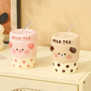 Axyaa Cartoon Milk Tea Ceramic Couple Mugs with Lid, Ceramic Straw Cup for Home and Office