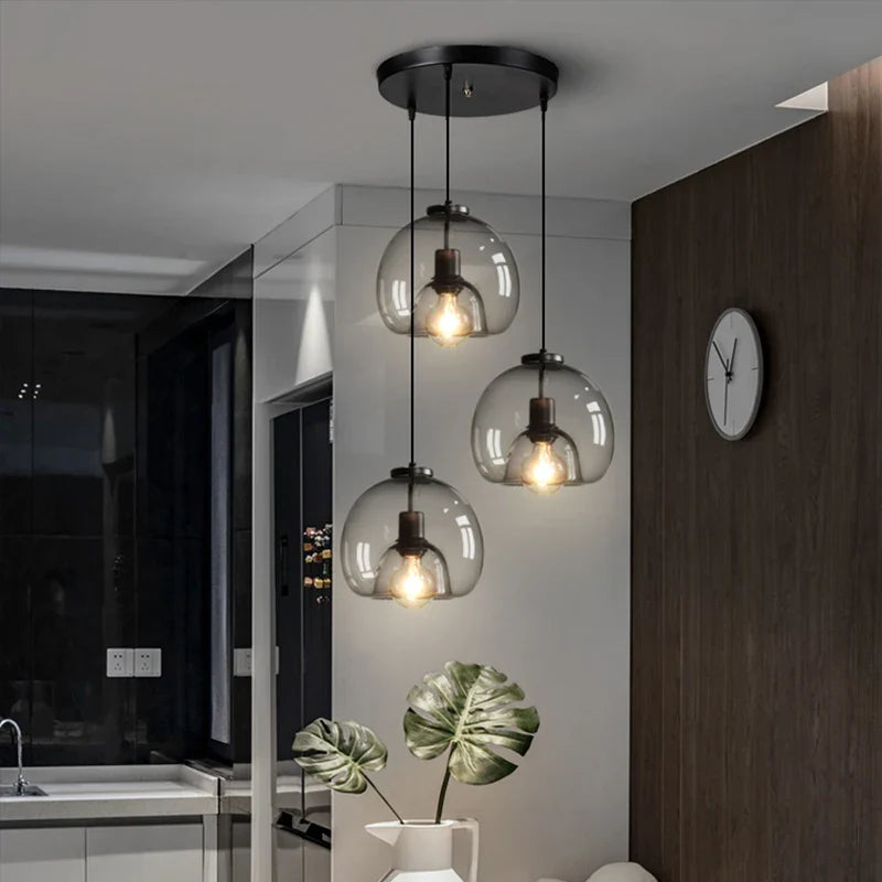 Axyaa Smoke Gray Glass Pendant Lights, Nordic LED Industrial Hanging Lamp