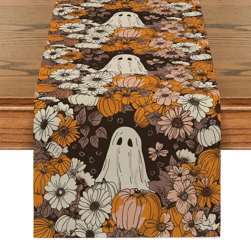 Axyaa Cute Ghost Chrysanthemum Table Runner - Halloween Party Decor and Dresser Table Accent