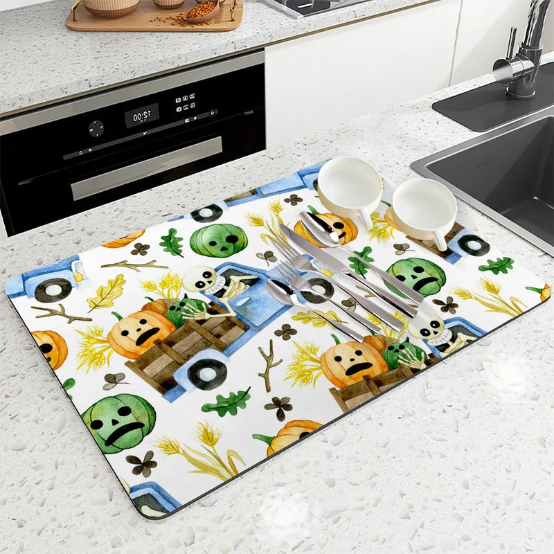 Axyaa Halloween Drying Mat for Kitchen Counter and Tableware, Non-Slip and Absorbent