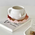 Axyaa Lotus Ceramic Coffee Cup and Saucer Set, White Floral Design Mug and Plate