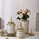 Axyaa Ceramic Storage Jar & Vase: White Gold Luxury Decor & Flower Arrangement
