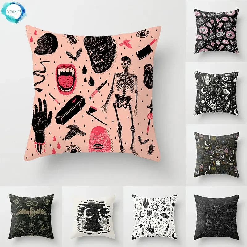 Axyaa Black Cat Party Halloween Anime Cushion Cover Ghost Skull Pumpkin Decor