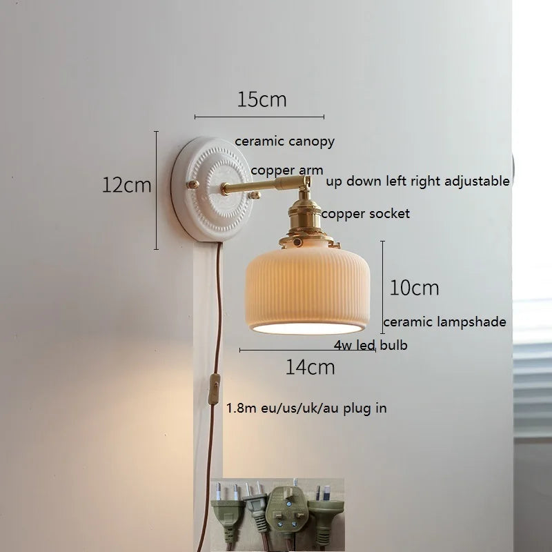 Axyaa Ceramic LED Wall Sconce with Adjustable Copper Arm - Pull Chain Switch