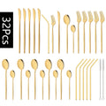 Axyaa 32-Piece Stainless Steel Black Cutlery Set Knife Fork Spoon Straw Flatware