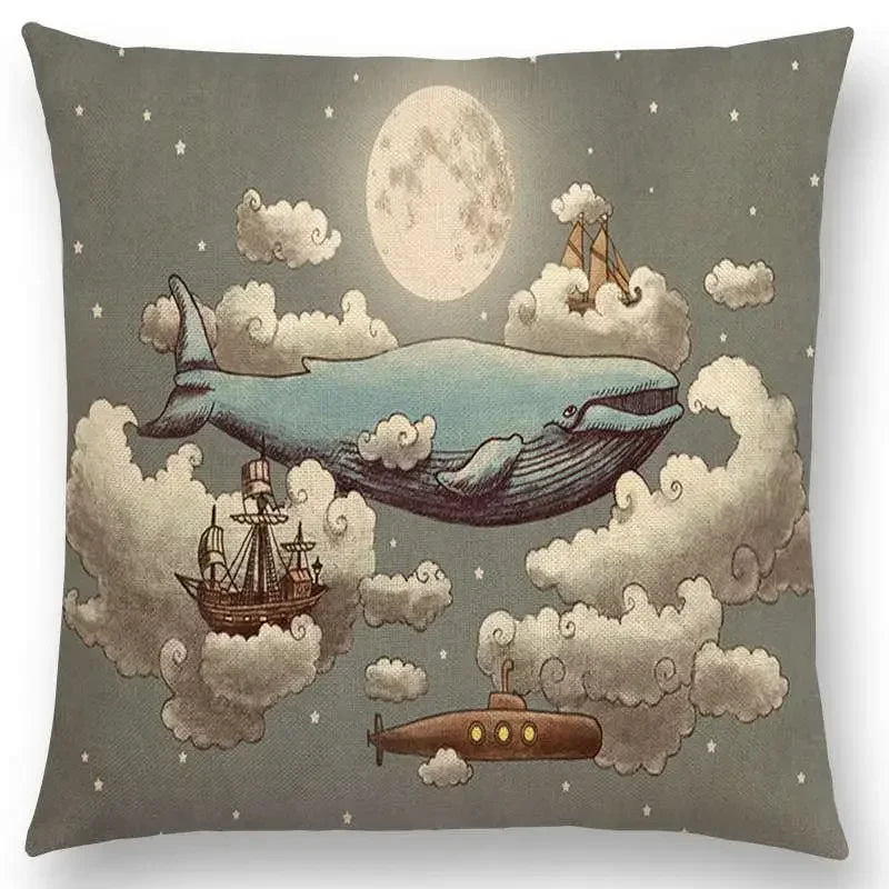 Cute Ghost Sailboat Whale Diver Cushion Cover by Axyaa