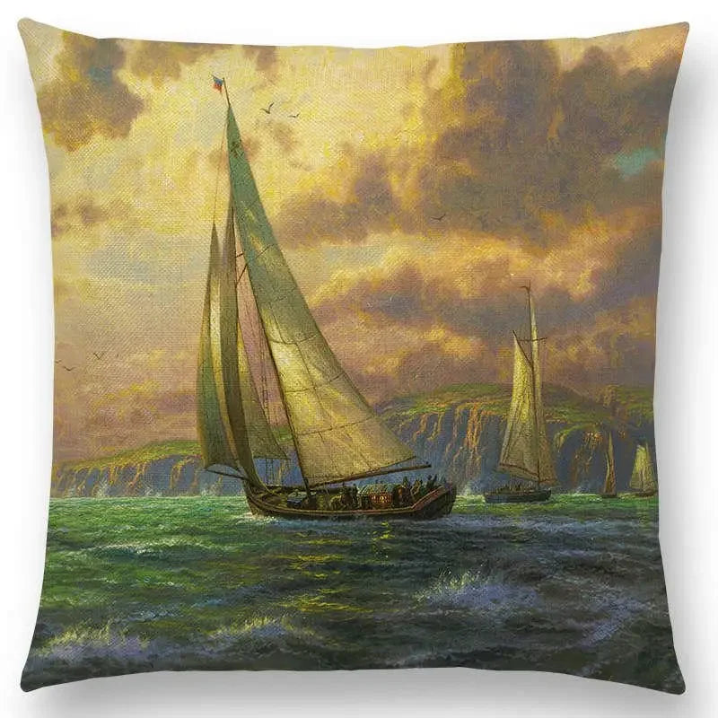Axyaa Castle Lighthouse Scenery Painting Cushion Cover - Sofa Pillowcase