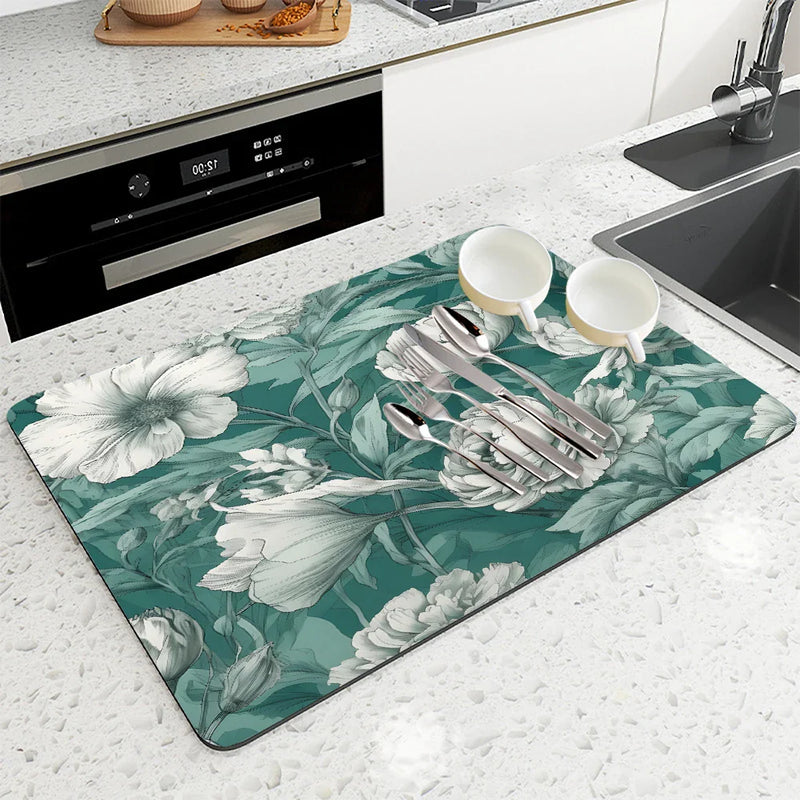 Axyaa Non-Slip Drying Mat for Kitchen Counter, Absorbent Plant Leaf Design