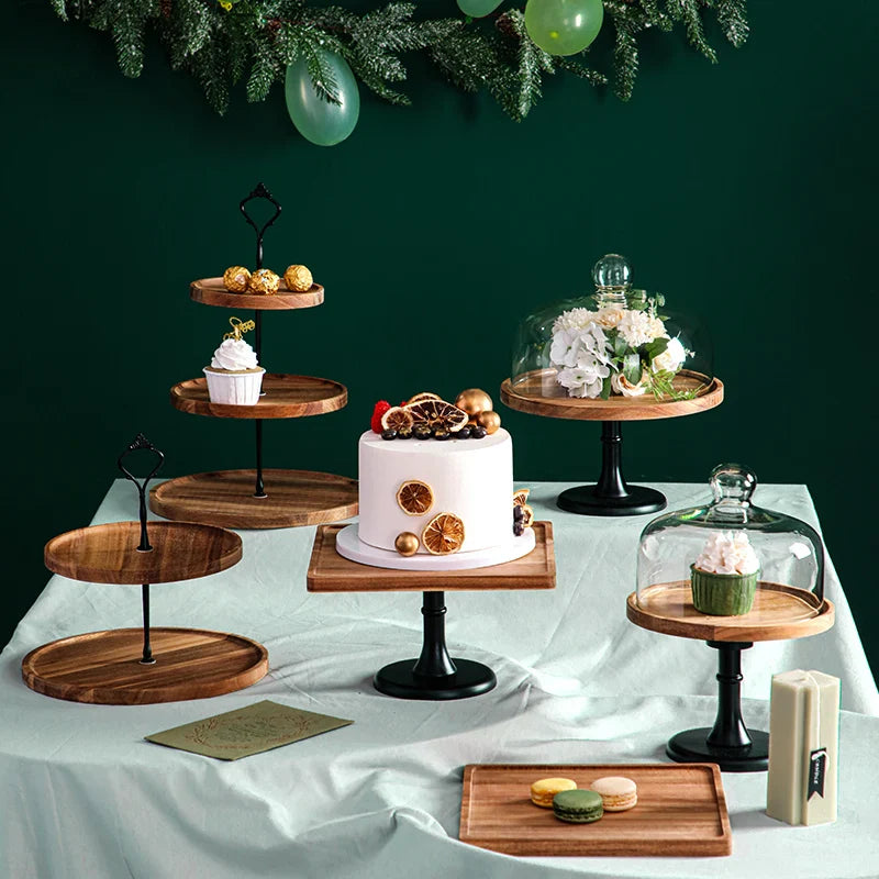 Axya Wooden Cake Pan High Foot Dessert Plate Display Stand Tray Sum Bread Fruit Cake Glass Cover