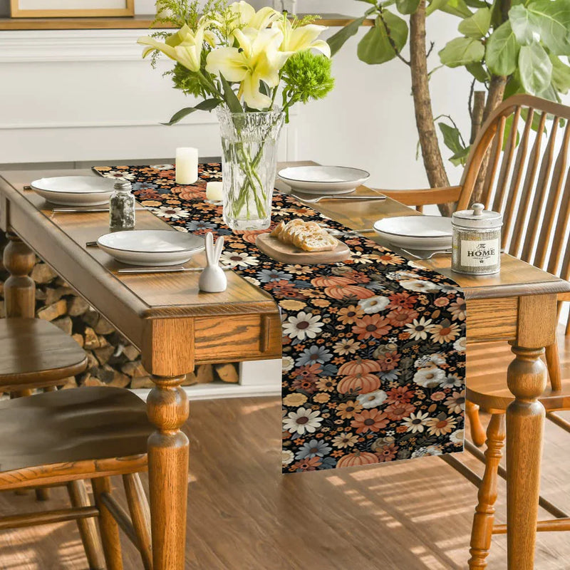 Axyaa Thanksgiving Flower Table Runner - Home Kitchen Dining Decor