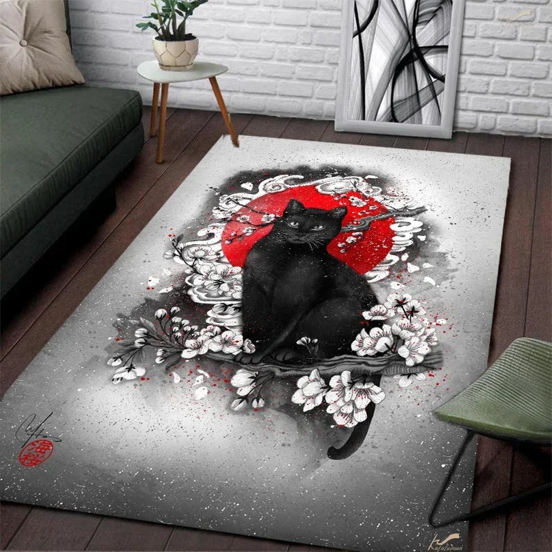 Axyaa Black and White Cat Floor Mat: Non-Slip Carpet for Home Decor