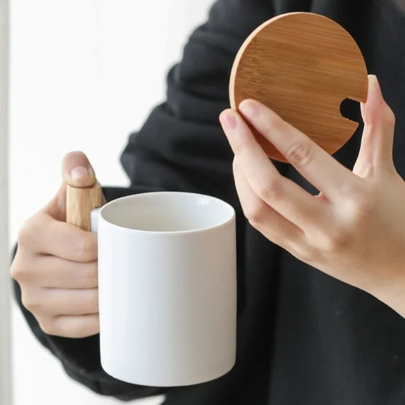 Axyaa Ceramic Wooden Handle Coffee Cup Set with Lid, Spoon - 310ml