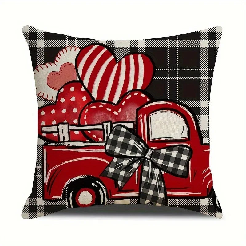 Axyaa Truck Bow Love Plaid Sofa Cushion Cover Sweet Romantic Home Decoration
