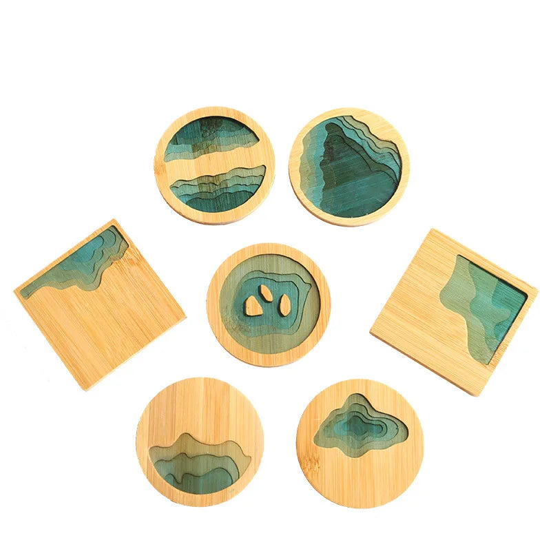 Axya Bamboo Tea Coaster Set with Transparent Resin - Kung Fu Tea Ceremony Accessory