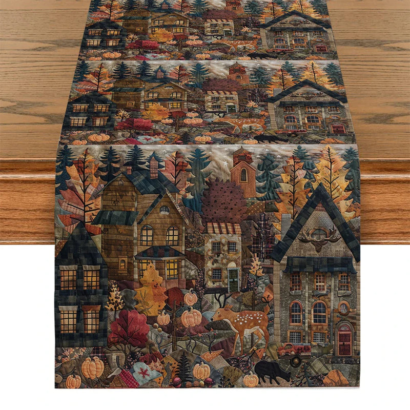 Axyaa Autumn Elk Pumpkin Table Runner for Kitchen Dining Decor