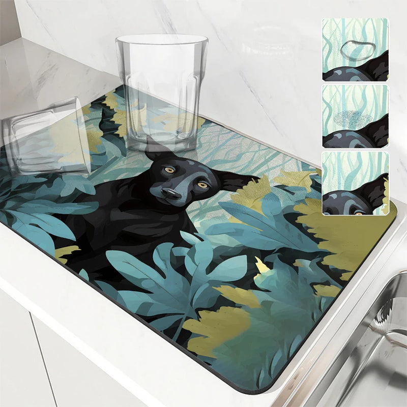 Axyaa Tropical Plant Dog Kitchen Drying Mat - Quick Dry Tableware & Bathroom Pad