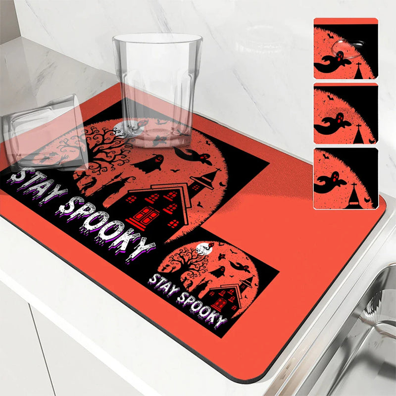 Axyaa Halloween Black Cat Skull Castle Kitchen Drying Mat