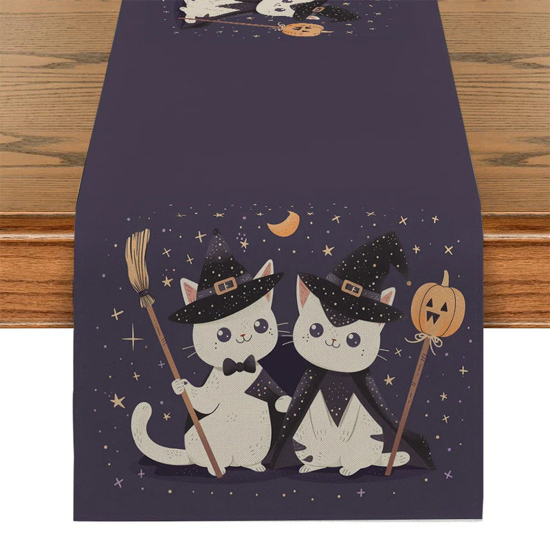 Axyaa Halloween Cat Pumpkin Wizard Hat Table Runner Home Wedding Decoration