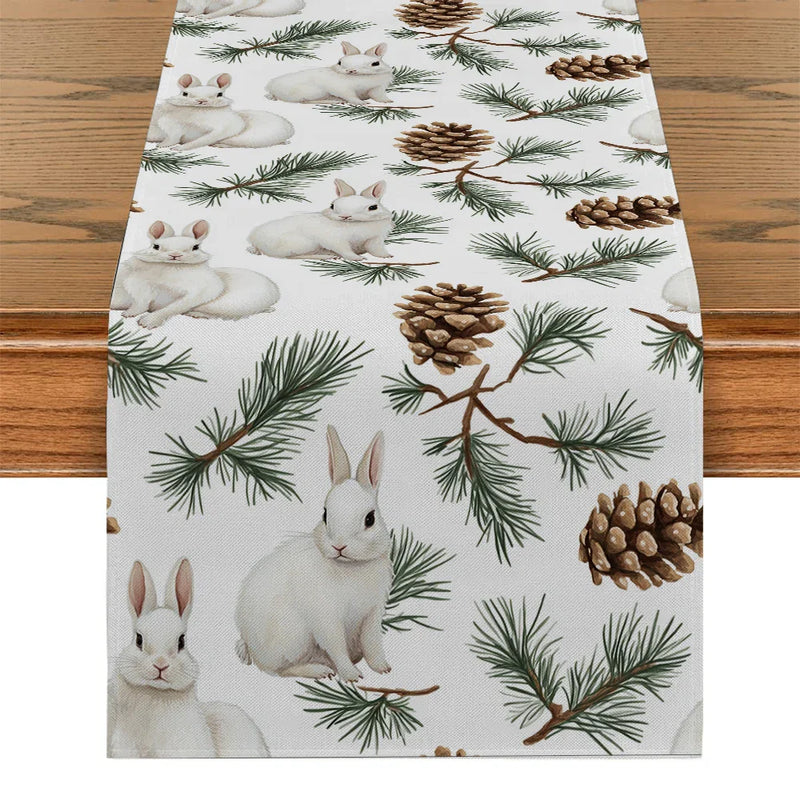 Axyaa Christmas Rabbit Pine Cone Fir Table Runner for Festive Dining Decor