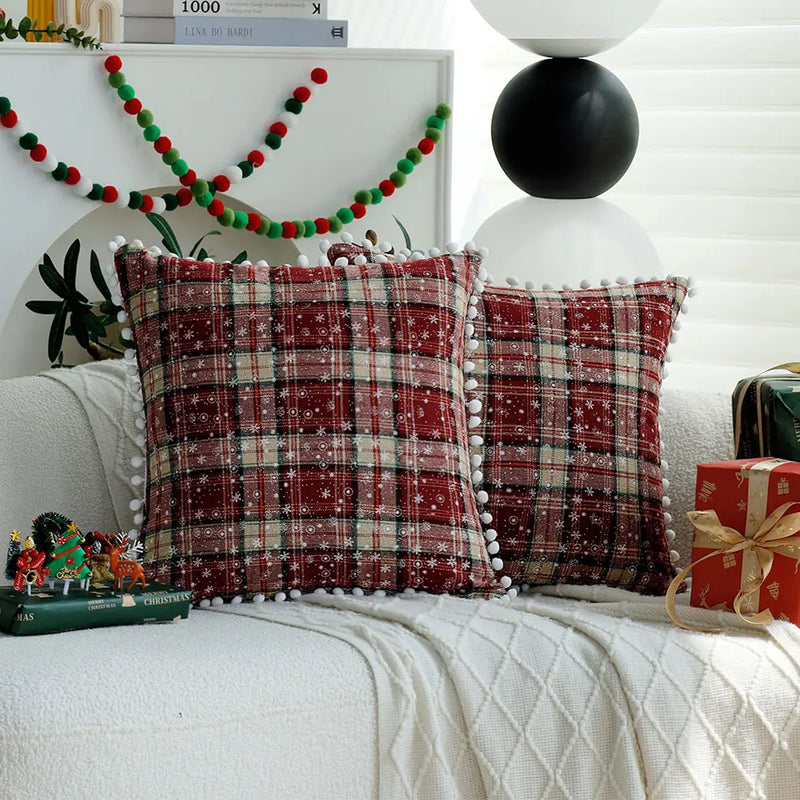 Axyaa Double-Sided Plaid Christmas Cushion Cover with Balls, 45x45 Snow Throw Pillow