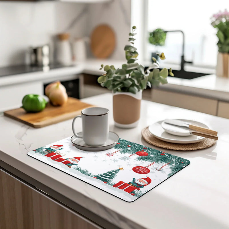 Axyaa Christmas Watercolor Absorbent Dish Drying Mat with Rubber Backing