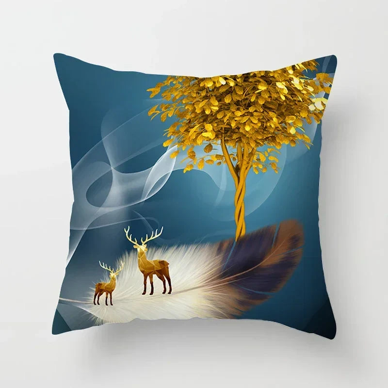 Axyaa Black Gold Elk Tree Bird Butterfly Printed Pillowcase for Living Room Home
