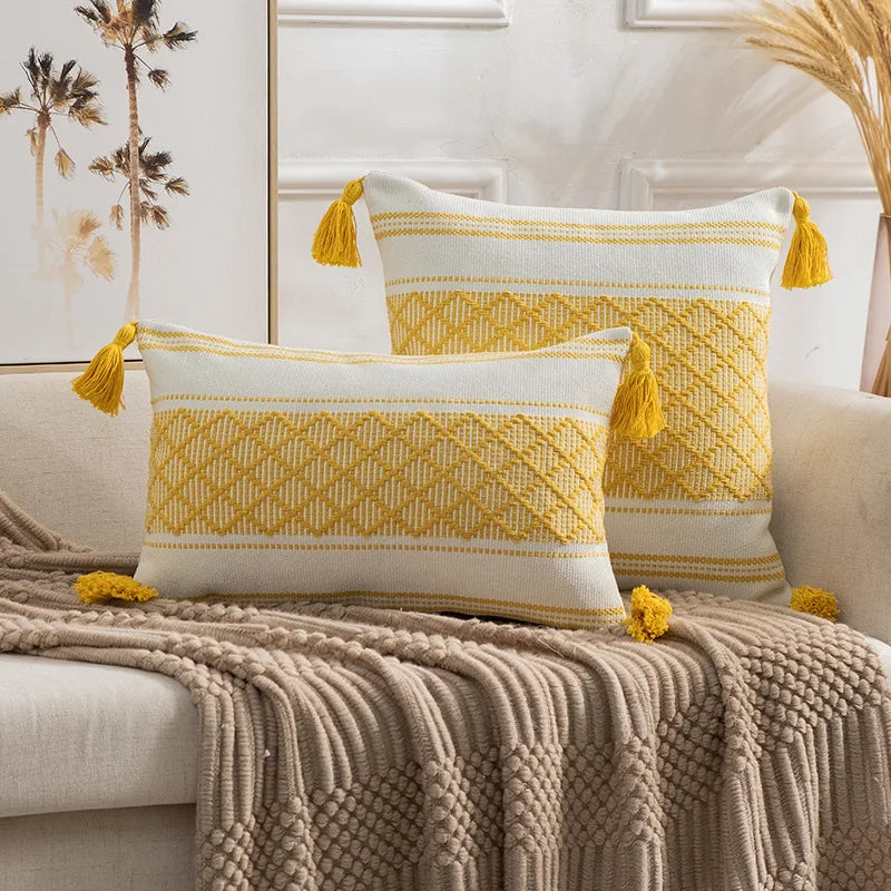 Axyaa Boho Diamond Jacquard Cushion Cover with Tassels for Home Decor