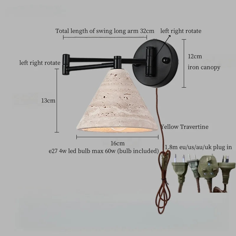 Axyaa Nordic Minimalism LED Wall Sconce Yellow Travertine Pull Chain Switch