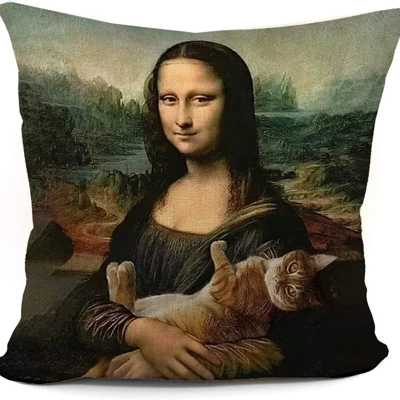 Funny Cat Mona Lisa Pillow Cover by Axyaa: Cat Lady Decor Gift for Sofa, Couch, Bed