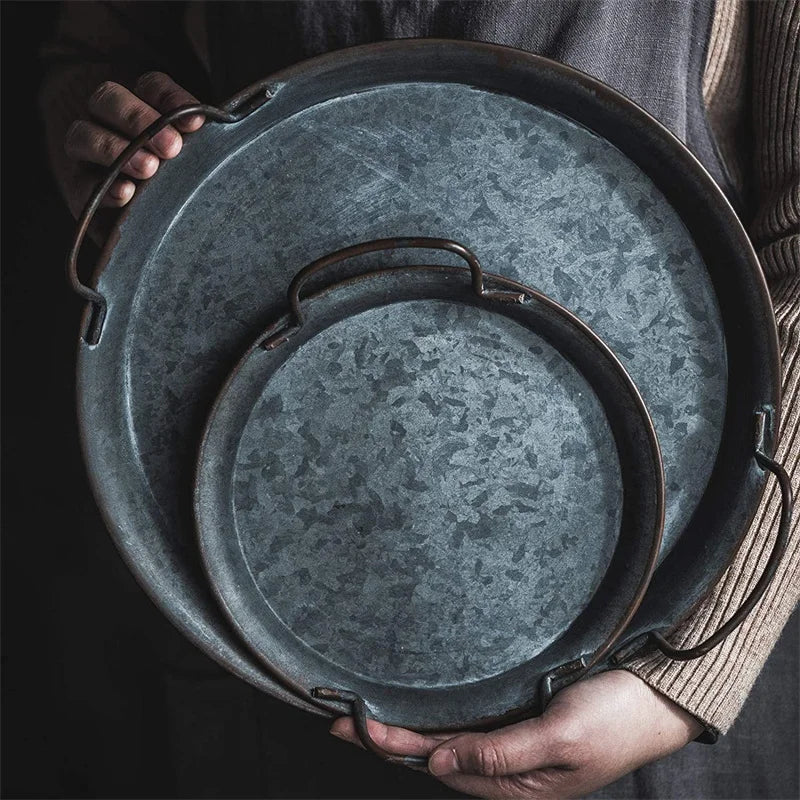 Axya Retro Metal Dinner Plates, Vintage Iron Tray Set, Photography Props
