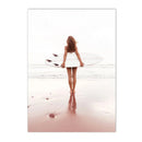 Axyaa Pink Beach Wave Surf Girl Canvas Painting Nordic Art Print
