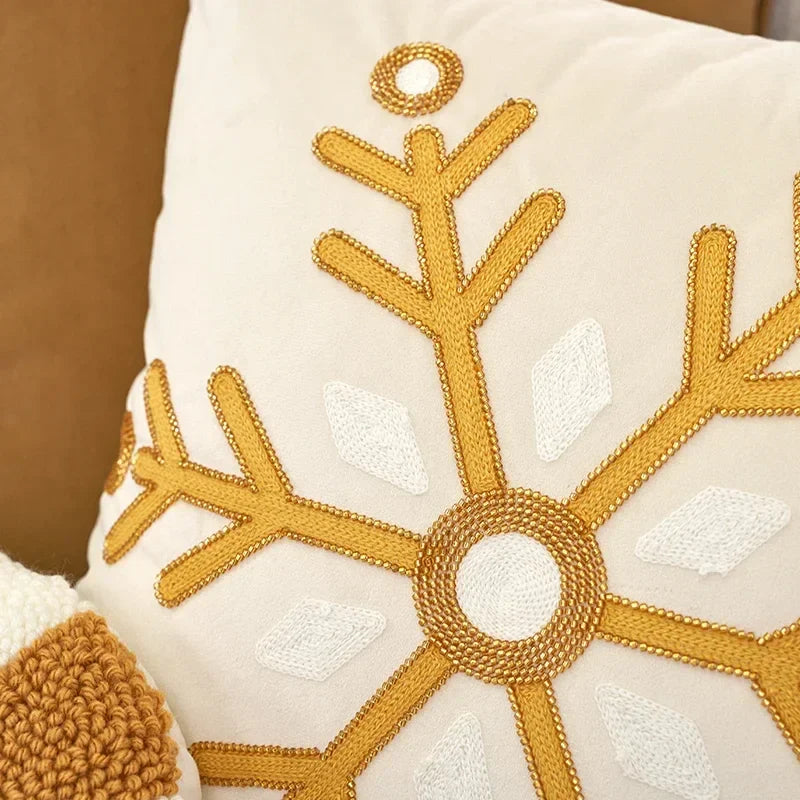 Tufted Embroidered Christmas Cushion Cover, Beige & Gold Milu Deer Design, Axyaa Brand