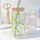 Axyaa Flower Glass Tumbler with Bamboo Lid & Straw, 500ml Can Shape - Gift Idea
