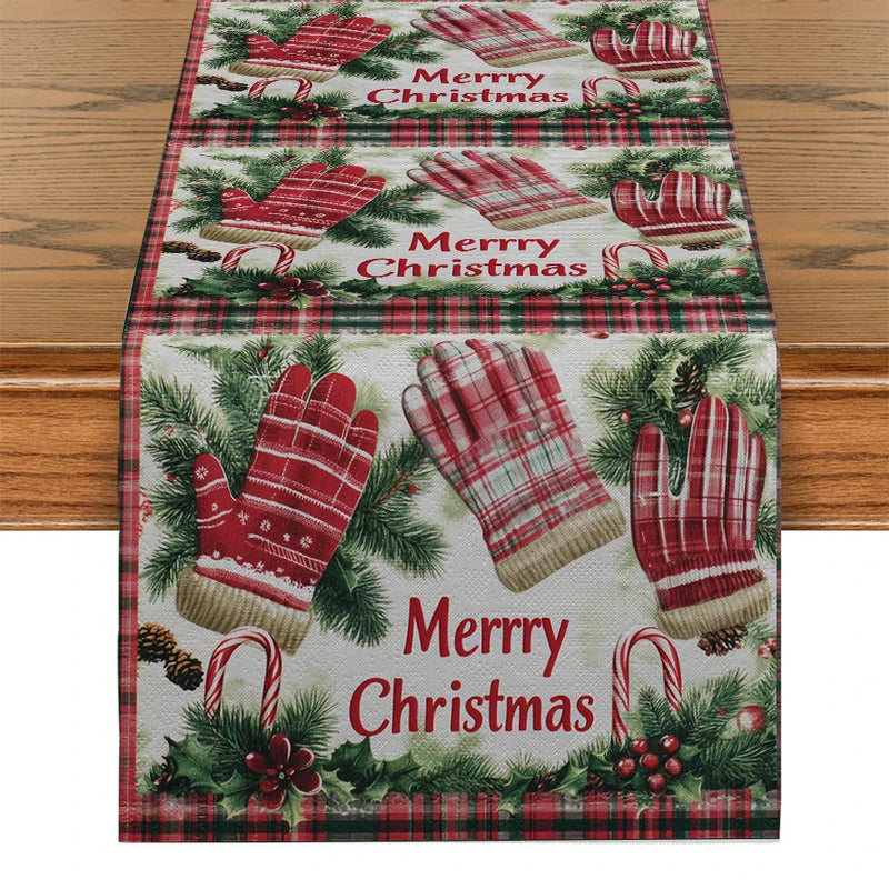 Axyaa Christmas Holiday Table Runner Gloves Fir Berries Decor Sugar Cane