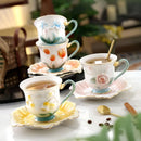 Axyaa Camellia Flower Ceramic Coffee Cup Saucer Set - Embossed Floral Design Mug Home Gift