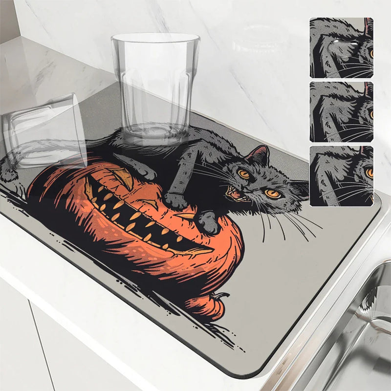 Halloween Cat Pumpkin Head Absorbent Drying Mat for Kitchen Table by Axyaa