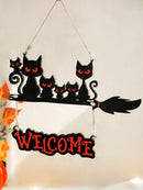 Axyaa Black Cat Welcome Sign & Hanging Ornaments - Witch Broom Decor, Spooky Cat Family