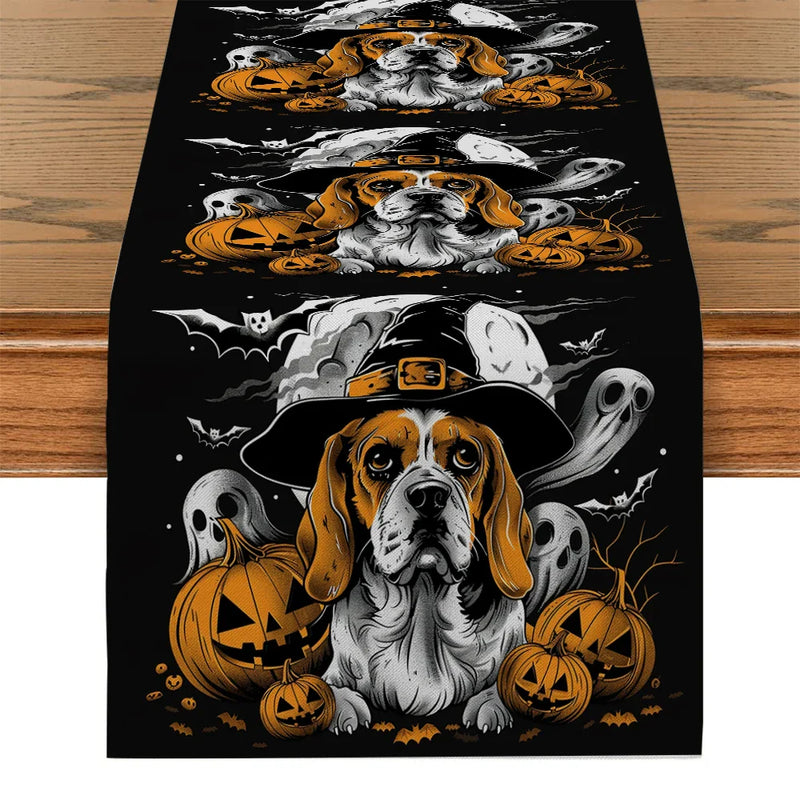 Axyaa Halloween Dog Bat Wizard Hat Table Runner for Kitchen Dining Party Decor