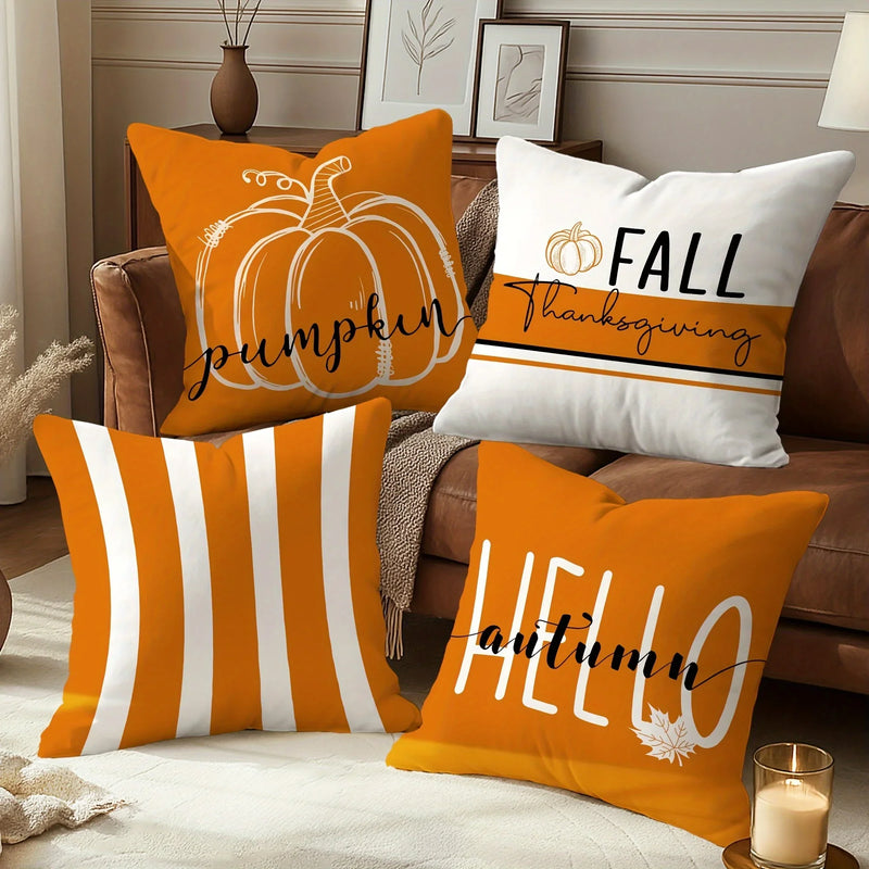 Velvet Fall Pillow Covers - Pumpkin, Maple Leaf & Striped Design, 45x45cm, Axyaa Brand