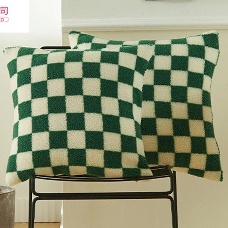 Axyaa Plaid Faux Fur Wool Throw Pillow Cover for Home Decor