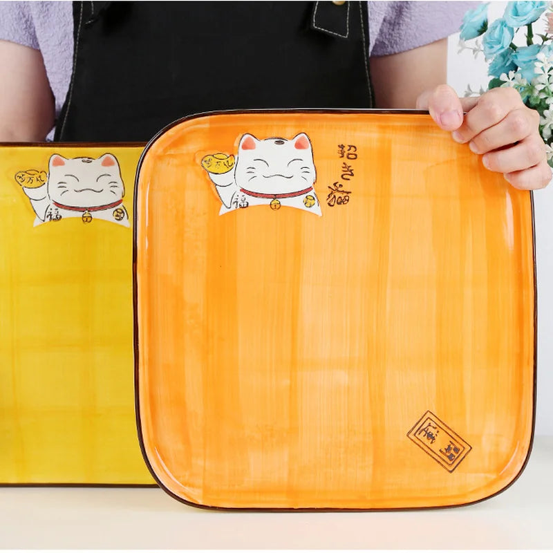 Axya Lucky Cat Ceramic Square Plate - 10.5-inch Western Food Dish