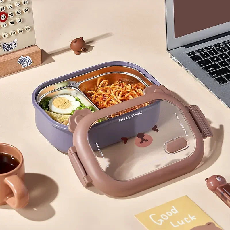 Axyaa Bear Lunch Box: Stainless Steel Portable Sealed Food Container for Kids & Office