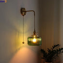 Axyaa Vintage Green Glass Copper Wall Lights with LED and Pull Chain Switch