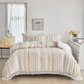 Axyaa Striped Furball Duvet Set with Tassels - King/Queen Size Bedding
