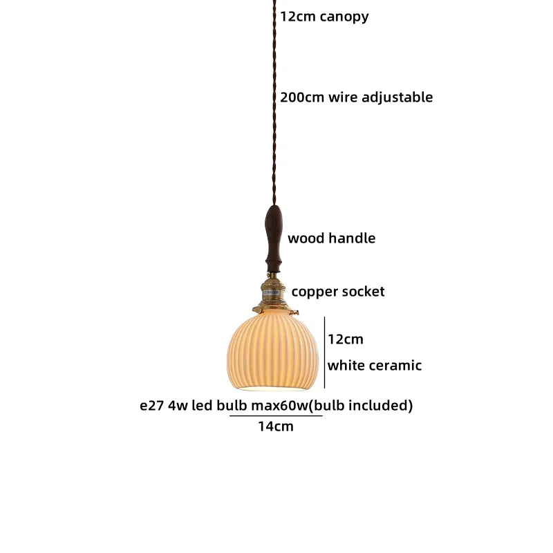 Axyaa Ceramic Pendant Light Wood White LED Lamp for Living Room & Cafe