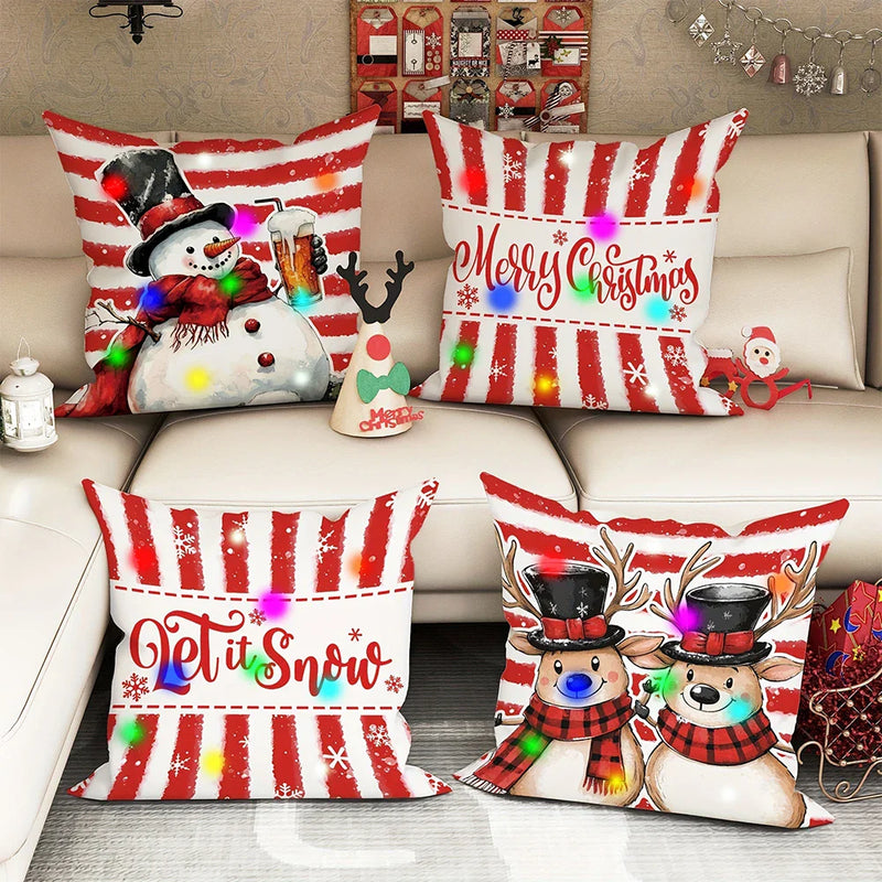 Axyaa Christmas Snowman LED Light Pillowcase - Red Striped Design