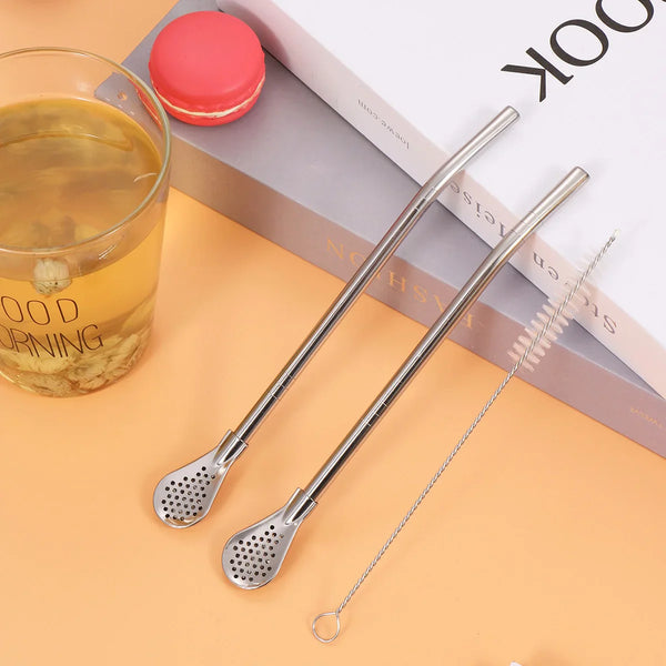 Axyaa Stainless Steel Straw Spoon Filter Scoop for Coffee Tea Milk Mixing