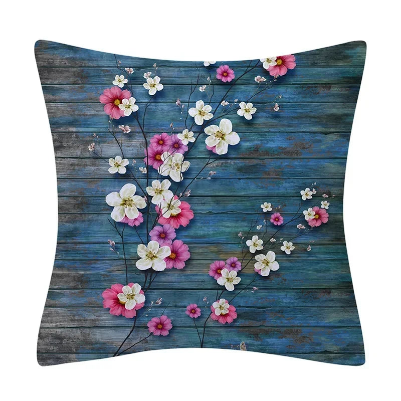 Retro Floral Linen Pillow Cover Abstract Art Decor for Living Room Sofa by Axyaa