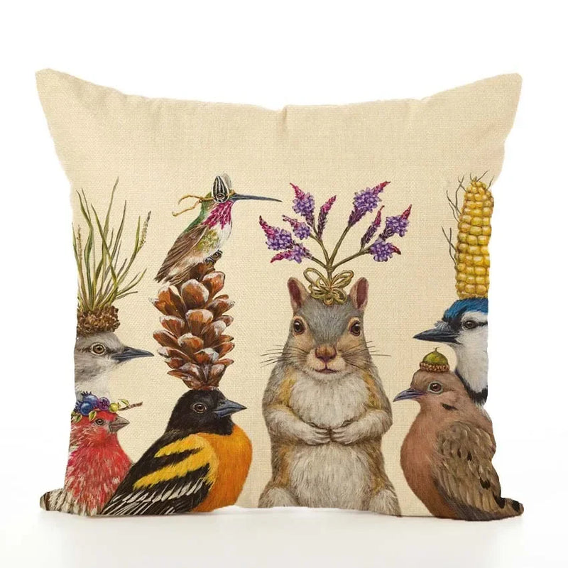 Squirrel Bird Bear Fox Animal Printed Cotton Linen Pillowcase by Axyaa